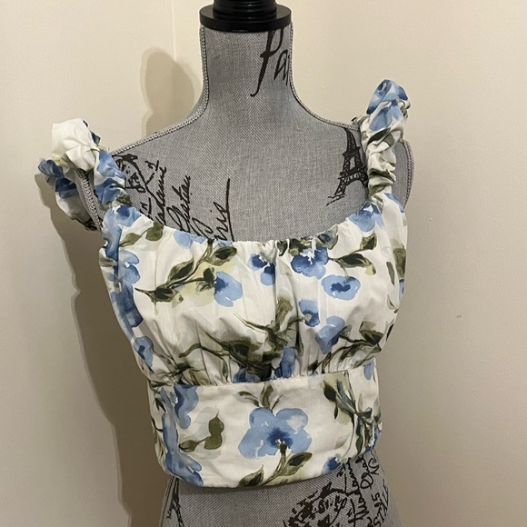 Abercrombie Scrunch Strap Poplin Top in Blue/Green Floral Print, Size XL - Picture 3 of 15